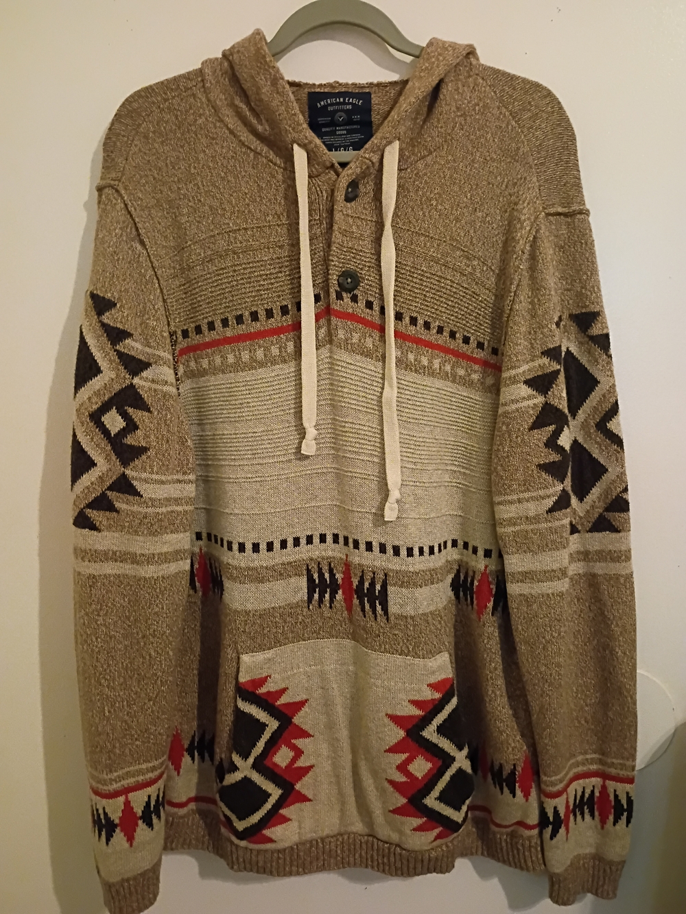 American Eagle Outfitters Aztec Print Knit Sweater Hoodie - Tan, Cream Sz L